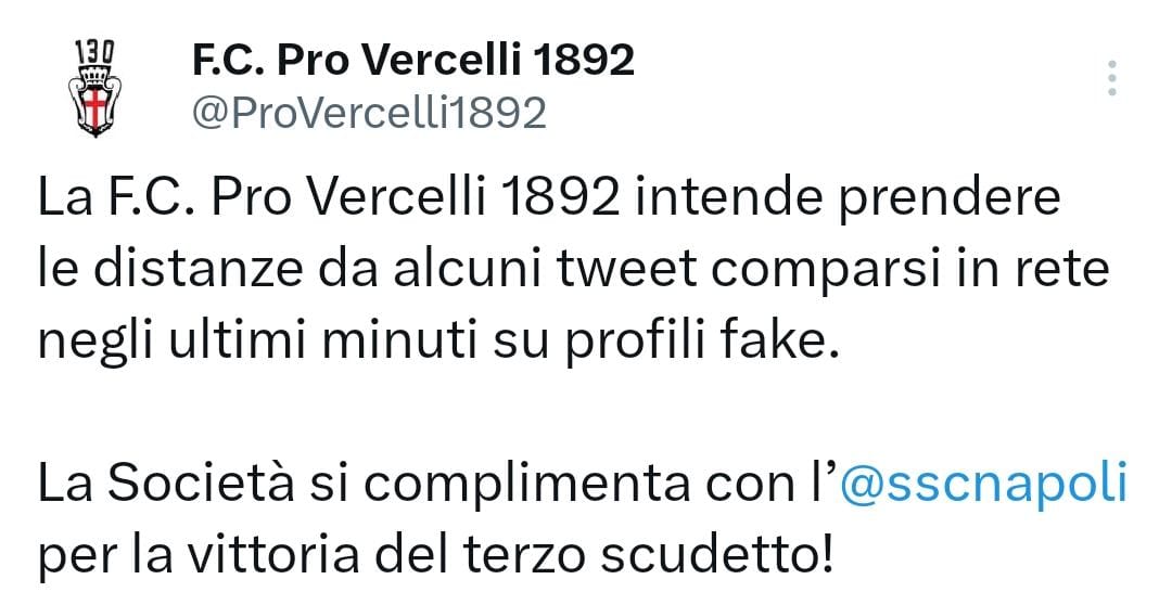 Pro Vercelli Napoli complimenti