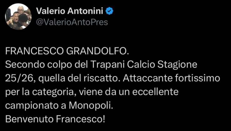 Trapani-Gradolfo, l'annuncio social di Antonini