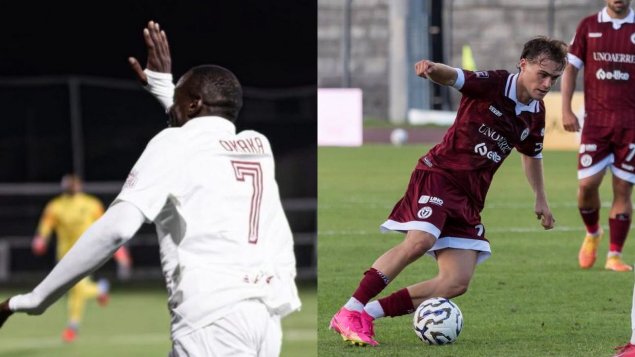 Stefano Okaka con la maglia del Ravenna e Luca Chierico con quella dell'Arezzo, Credit: Ravenna Fc, SS Arezzo / www.lacasadic.com