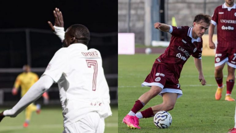 Stefano Okaka con la maglia del Ravenna e Luca Chierico con quella dell'Arezzo, Credit: Ravenna Fc, SS Arezzo / www.lacasadic.com