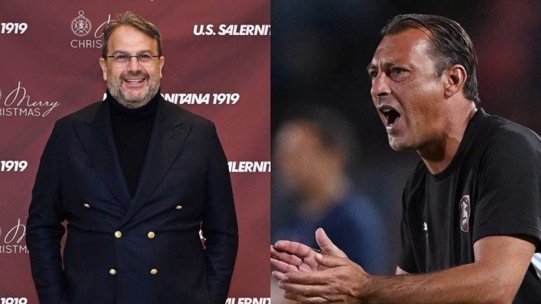 Salernitana, il ds Faggiano e l'allenatore Raffaele. Credit: US Salernitana 1919 / www.lacasadic.com